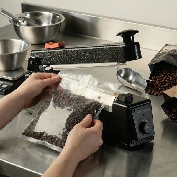 Manuální těsnění sáčků na kávu